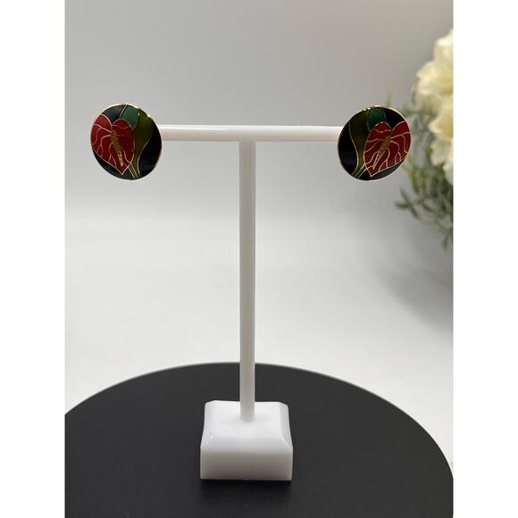 Laurel Burch Vintage Red Green Enamel Anthurium Flower Stud Holiday Earrings - Picture 2 of 8